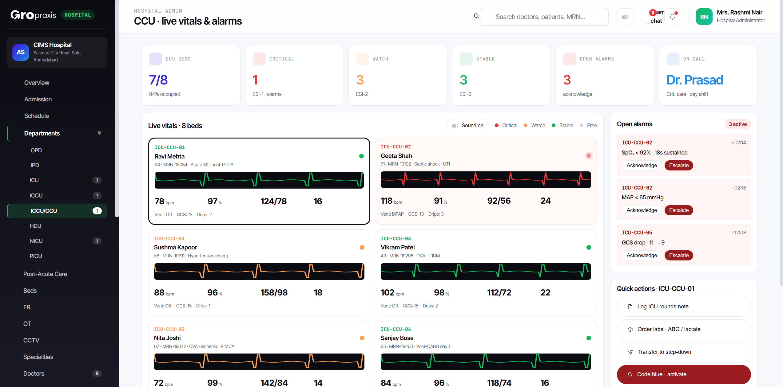 Hospital CRM dashboard with live ICU vitals and alarms