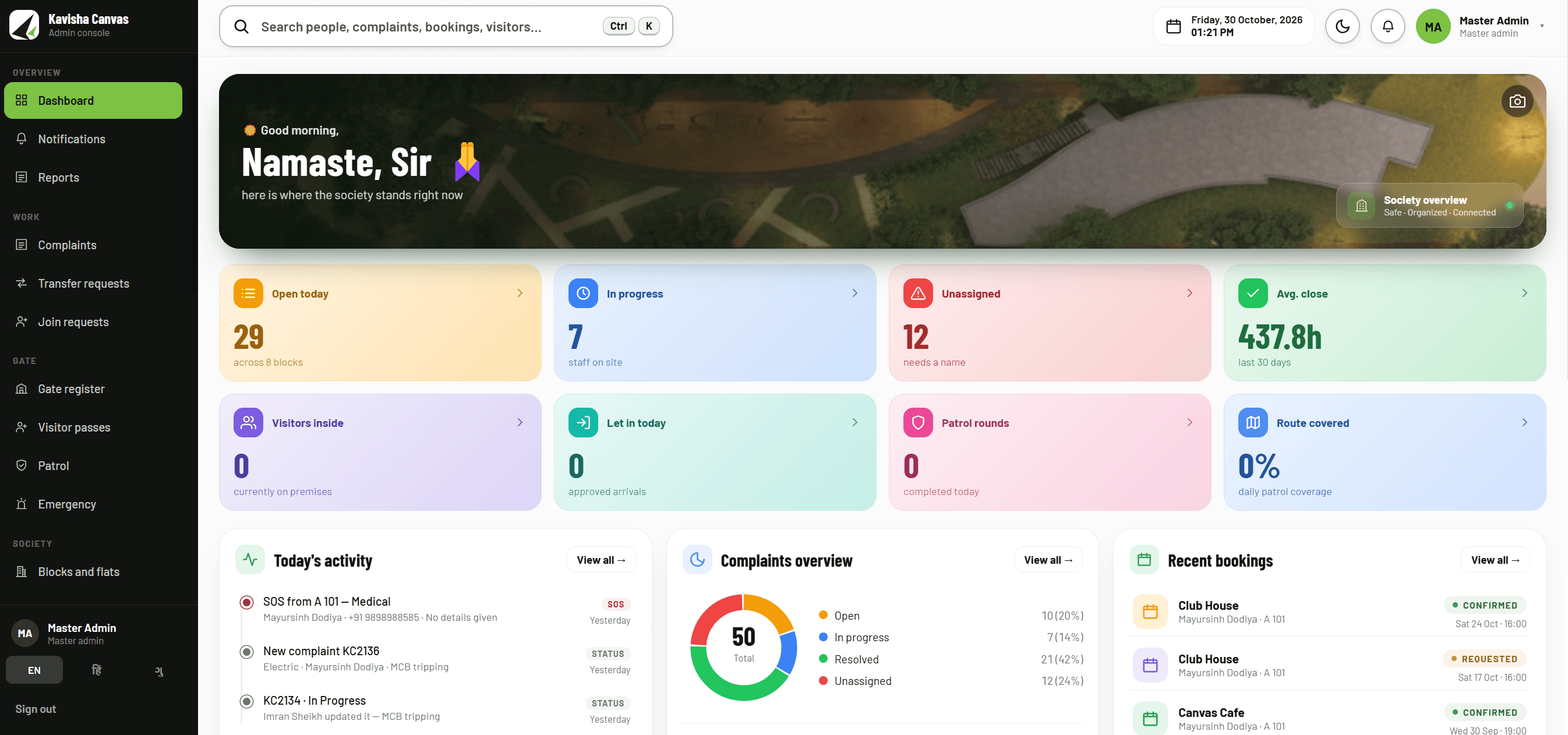 Society management CRM dashboard with complaints, visitors and bookings